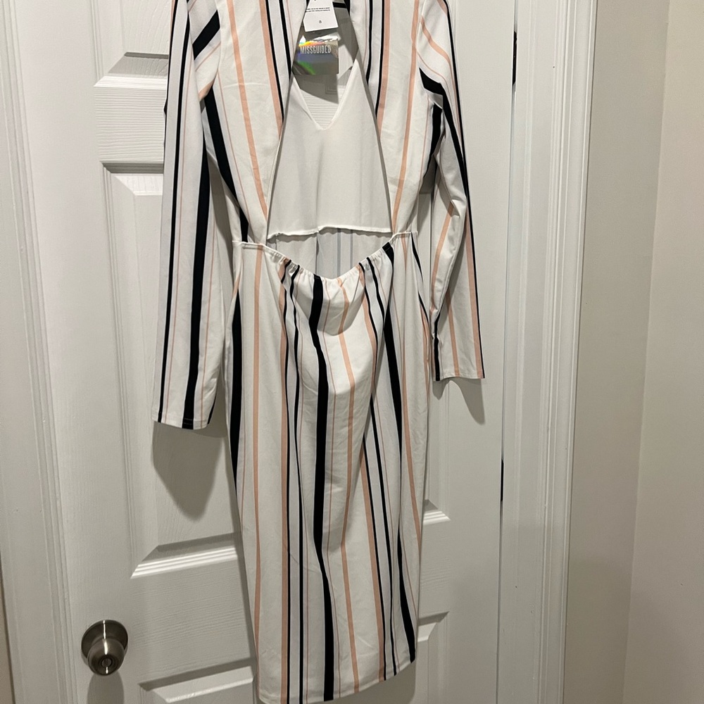 missguided open back long sleeve stripe midi dress